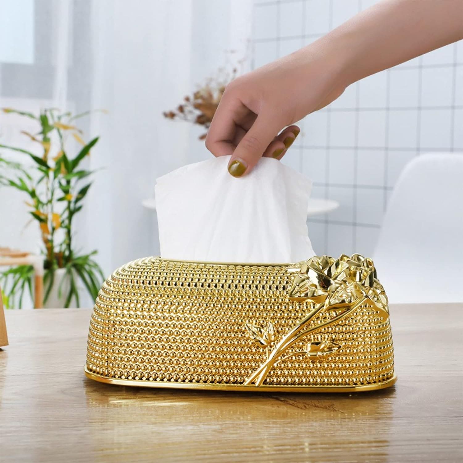 Acrylic Rose Tissue Box, Luxury Napkin Box, Flower Pattern Facial Tissue Box, Desktop Napkin Storage Box, Gold Luxurious Bling Tissue Holder, Napkin Container for Bedroom And Dining Room Acrylic Rose Tissue Box, Luxury Napkin Box, Flower Pattern Facial Tissue Box, Desktop Napkin Storage Box, Gold Luxurious Bling Tissue Holder, Napkin Container for Bedroom And Dining Room